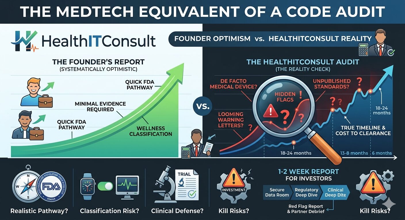 "Don't let #FounderOptimism cloud your #DueDiligence. In the #MedTech world, a missed #FDA detail isn't just a bug—it's a deal-breaker. We provide the equivalent of a code audit for regulatory risk. 📊🛡️ #DigitalHealth #VentureCapital"